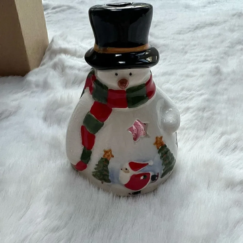 NIB Russ Christmas Holiday Tea Light Holder Snowman Votive Candle Ceramic NEW